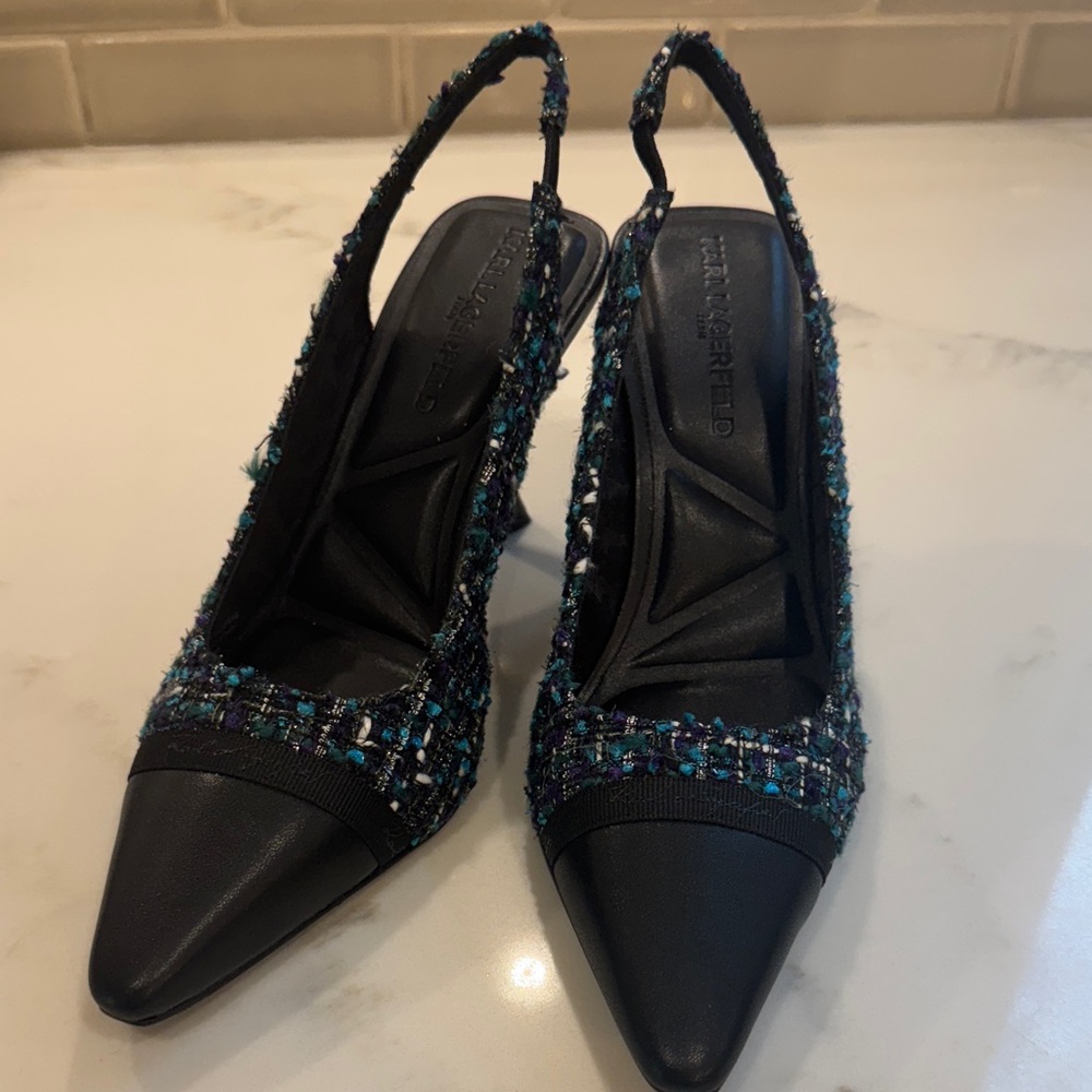 Karl Lagerfeld Kinsley Black, Teal, Purple Slingback Heels 7.5M NWT